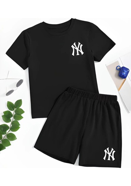 Ny Baskılı Şort/t-Shirt Alt-Üst Unisex Çocuk Yazlıktakım
