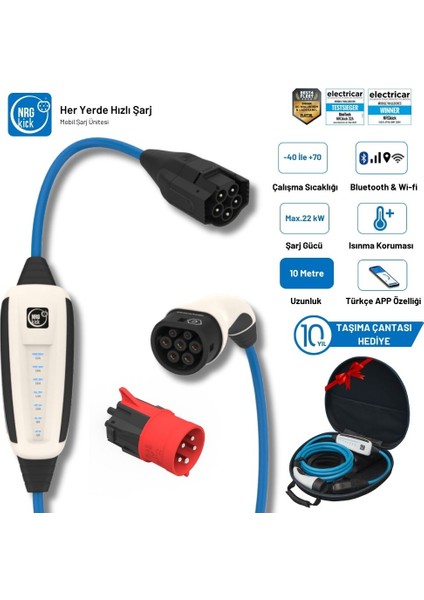 Çantalı Basic Plus 32A 22KW 10M Wifi+Bluetooth Monofaze & Trifaze Ac Mobil Şarj (Wallbox)