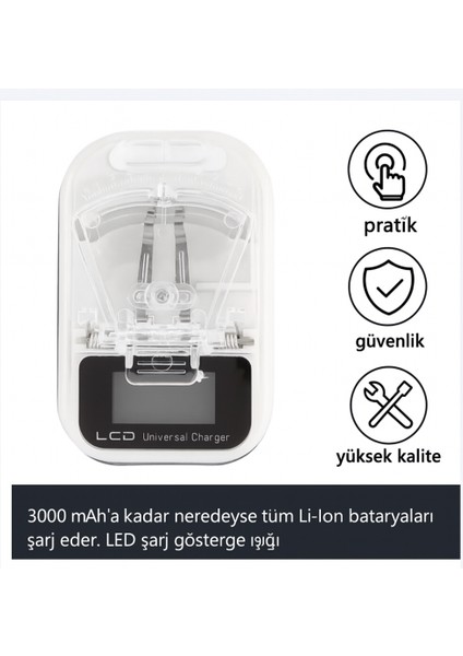 LED Ekranlı Evrensel Li-Ion Batarya Şarj Cihazı + USB Girişli
