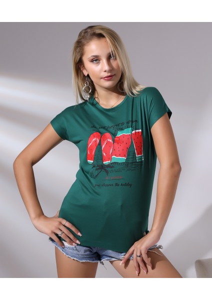 Bisiklet Yaka Kısa Kollu Normal Size Baskılı Basic Kadın T-Shirt 20479 Koyu Yeşil fiyatları