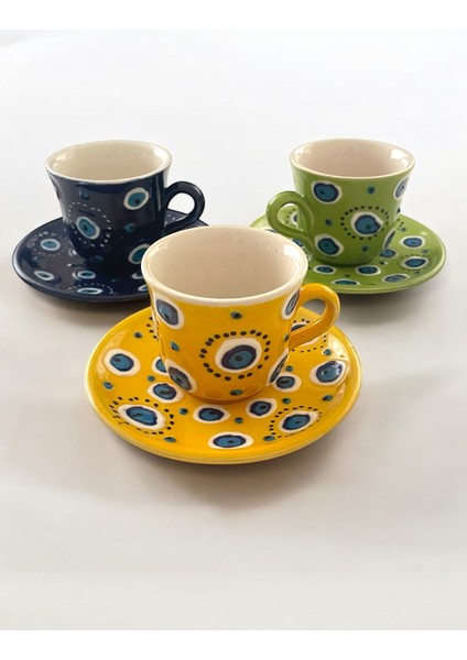 Dekoratif 3 Kişilik Şık Nazar Boncuğu Tasarımlı Tamamen El Yapımı Kahve Fincanı