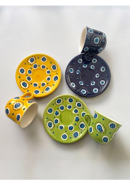 Dekoratif 3 Kişilik Şık Nazar Boncuğu Tasarımlı Tamamen El Yapımı Kahve Fincanı modelleri