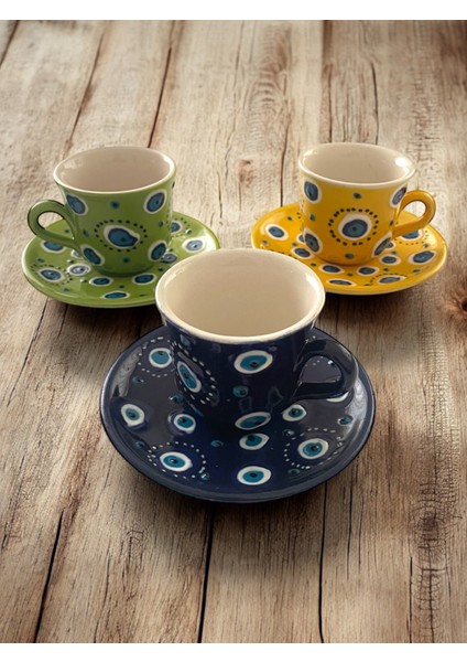 Dekoratif 3 Kişilik Şık Nazar Boncuğu Tasarımlı Tamamen El Yapımı Kahve Fincanı fırsatları