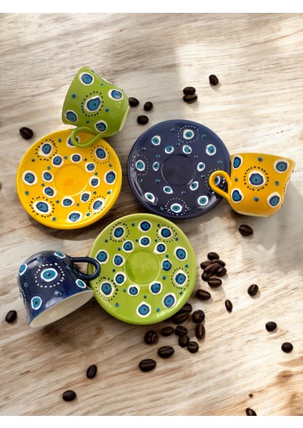 Dekoratif 3 Kişilik Şık Nazar Boncuğu Tasarımlı Tamamen El Yapımı Kahve Fincanı indirimleri