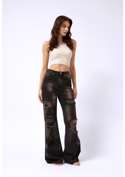 Lazer Kesim Wide Leg Yüksek Bel Siyah Jean