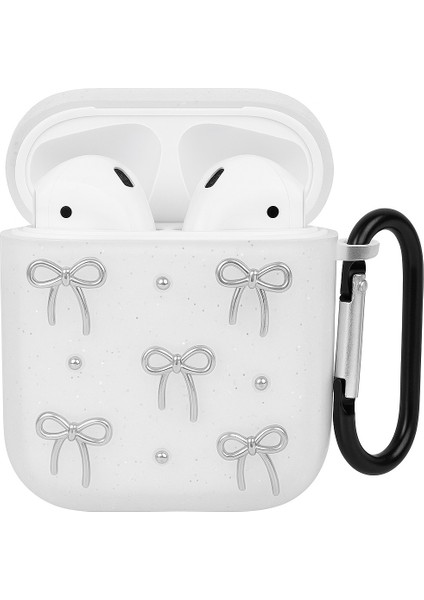 Airpods 3. Nesil ile Uyumlu Glitter Silikon Kılıf Şeffaf Simli Koruyucu Fiyonk Deseniyle Askı Aparatı Dahil Çanta Kolu ve Kemer Tokasına Takılabilir Şık Tasarım Airpods 3 Için Kulaklık Kılıfı