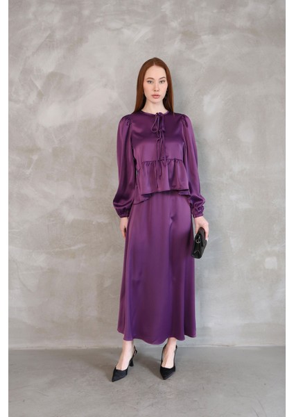 Yaka Biye Detay Etekli Takım-Mor