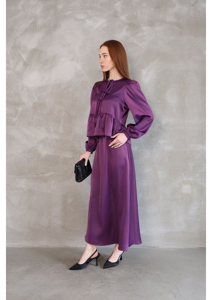 Yaka Biye Detay Etekli Takım-Mor fırsatları