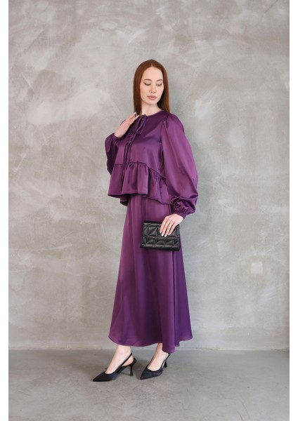 Yaka Biye Detay Etekli Takım-Mor indirimleri