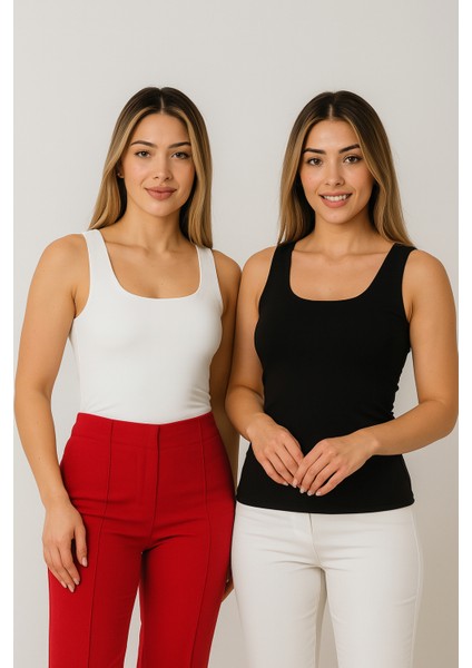 Kadın 2'li Premium Kalite Siyah-Beyaz Kalın Askılı Havuz Yaka Bluz