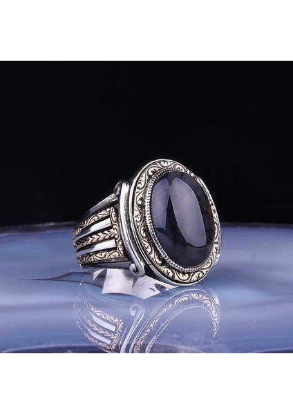 Gümüş Onix Taşlı Oval Erkek Yüzük - 22