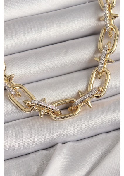 Pirinç Gold Renk Zirkon Taşlı Dikenli Halka Model Vıp Exculusive Seri Kadın Kolye