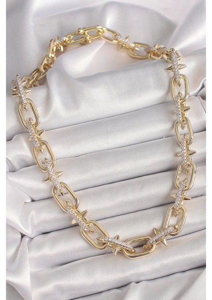 Pirinç Gold Renk Zirkon Taşlı Dikenli Halka Model Vıp Exculusive Seri Kadın Kolye fiyatları