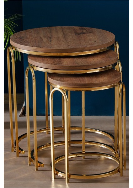 Lenka Zigon Sehpa Takımı Yuvarlak 3'lü Gold Metal -Koyu Ceviz Sedaş-Lenka-Zigon-Gold