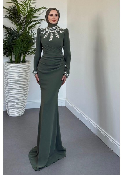 Viyola Kolu ve Boynu Taşlı Abiye Haki