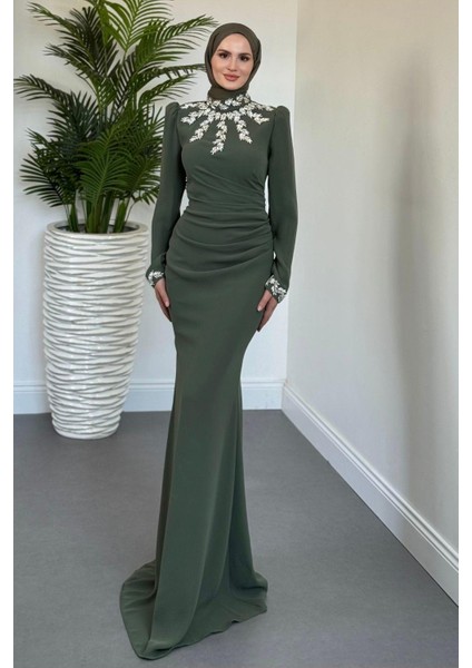 Viyola Kolu ve Boynu Taşlı Abiye Haki fiyatları