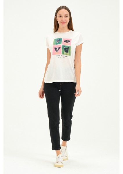 Bisiklet Yaka Kısa Kollu Normal Size Baskılı Basic Kadın T-Shirt 20601 Ekru