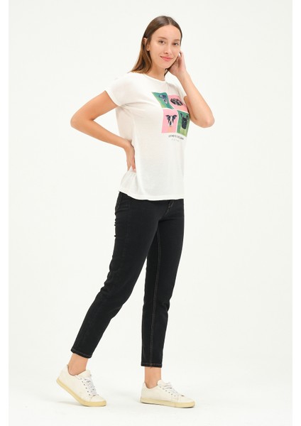 Bisiklet Yaka Kısa Kollu Normal Size Baskılı Basic Kadın T-Shirt 20601 Ekru fiyatları