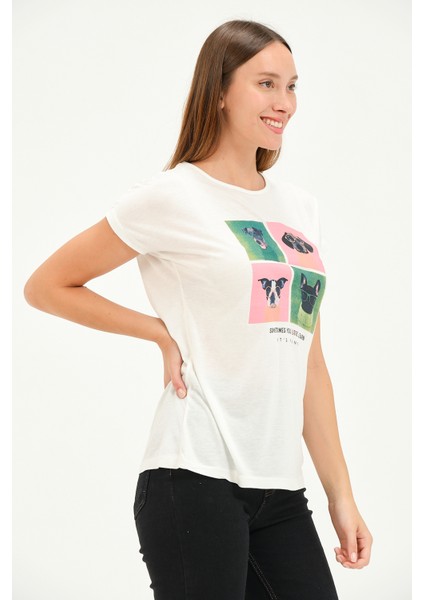 Bisiklet Yaka Kısa Kollu Normal Size Baskılı Basic Kadın T-Shirt 20601 Ekru modelleri