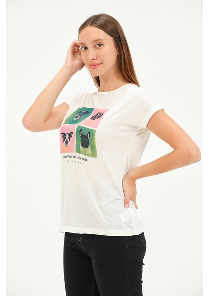 Bisiklet Yaka Kısa Kollu Normal Size Baskılı Basic Kadın T-Shirt 20601 Ekru fırsatları