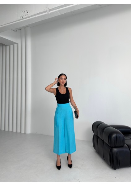 Kadın Keten Toka Detaylı Bilek Boy Wide Leg Pantolon