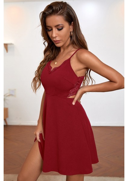 Kadın Bordo Ip Askılı, Sırtı ve Göğsü Dantel Detaylı Şık Gecelik fırsatları