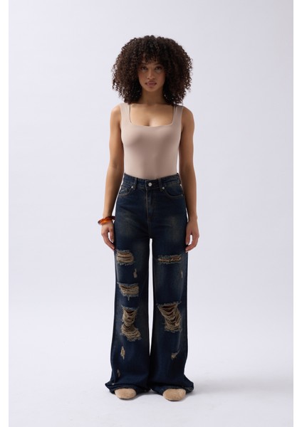 Lazer Kesim Wide Leg Yüksek Bel Mavi Jean