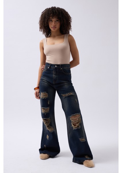 Lazer Kesim Wide Leg Yüksek Bel Mavi Jean fiyatları