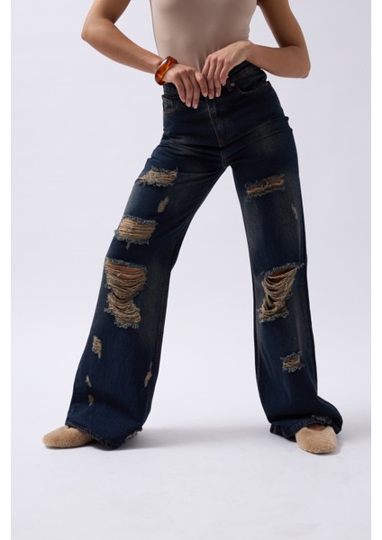 Lazer Kesim Wide Leg Yüksek Bel Mavi Jean modelleri