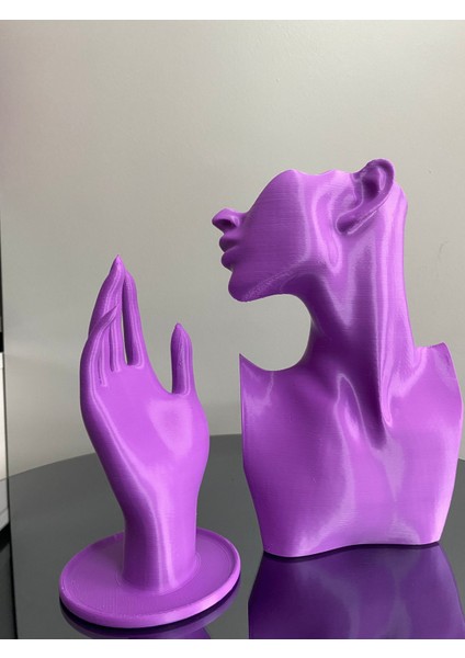 Mor Renk Dekoratif Takı Mankeni ve El 2'li Set Takı Teşhir Standı 23 ve 18 cm Takı Organizeri Küpe