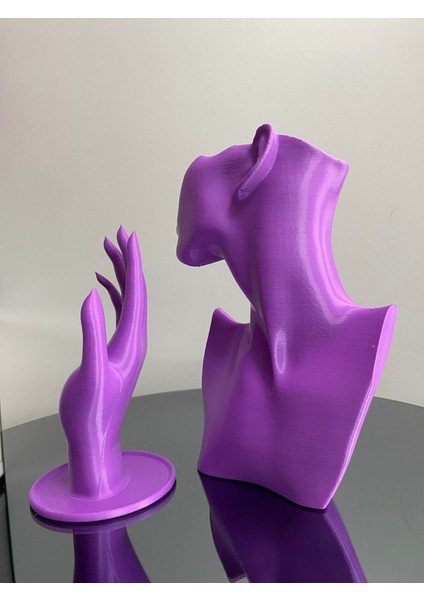 Mor Renk Dekoratif Takı Mankeni ve El 2'li Set Takı Teşhir Standı 23 ve 18 cm Takı Organizeri Küpe