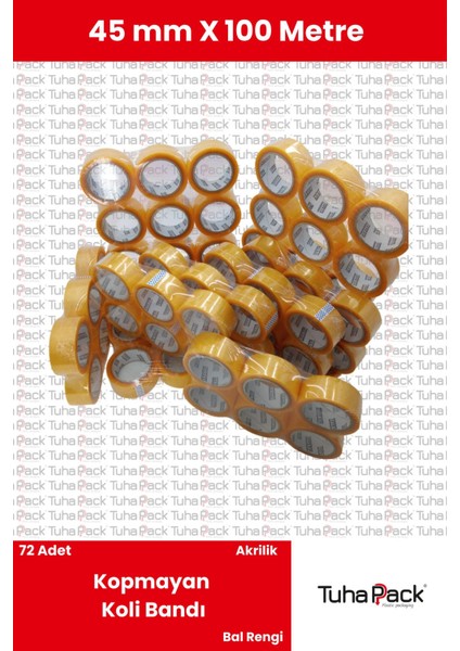 Akrilik Koli Bandı 45MM x 100M Şeffaf (72 Adet) - Kopmayan Güçlü Koli Bandı