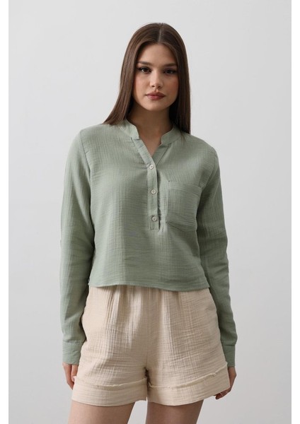 Cepli Hakim Yaka Bluz - Haki indirimleri