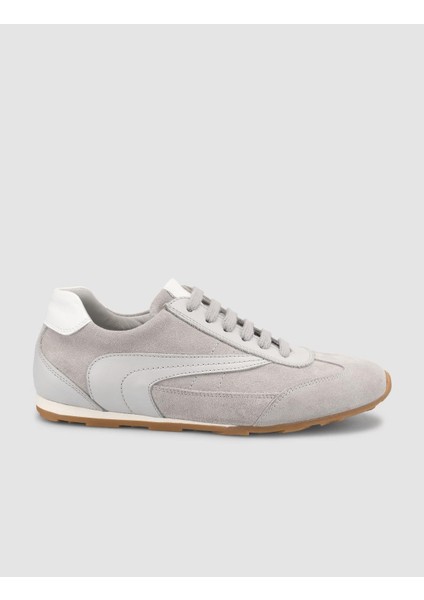 %100 Hakiki Deri Açık Gri Süet Bağcıklı Kadın Sneaker