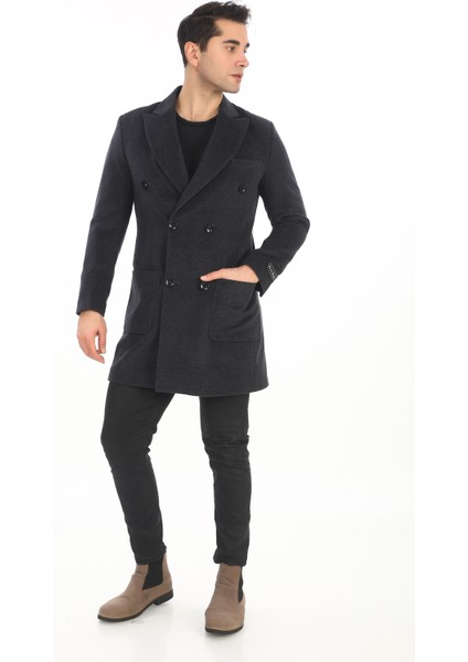 2834 Erkek Antrasit Sivri Yaka Kruvaze Kısa Palto