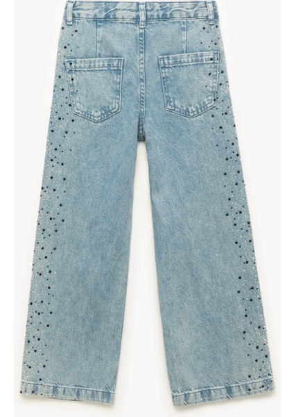 Pamuklu Taş Detaylı Cepli Geniş Paça Denim Pantolon fiyatları
