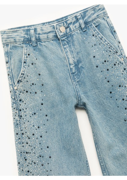 Pamuklu Taş Detaylı Cepli Geniş Paça Denim Pantolon modelleri