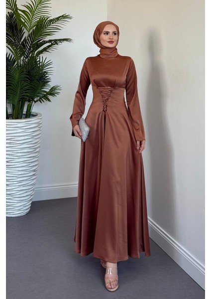 Briva Önden Bağlama Saten Abiye Cappucino