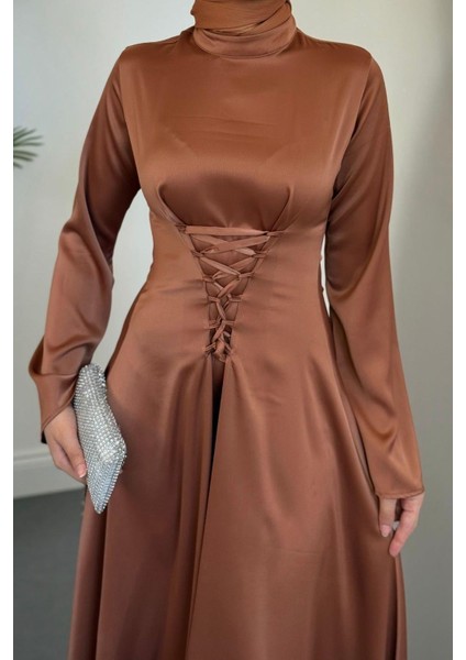 Briva Önden Bağlama Saten Abiye Cappucino modelleri