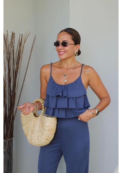 Indigo Fırfırlı Crop Pantolon Takım