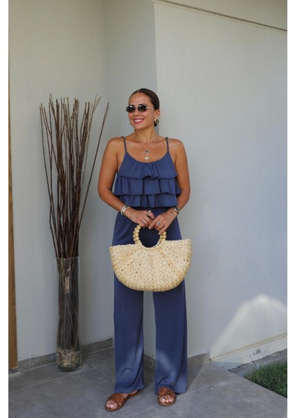 Indigo Fırfırlı Crop Pantolon Takım fiyatları