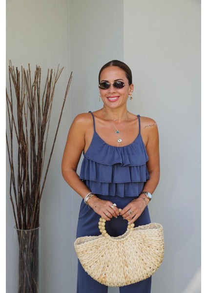 Indigo Fırfırlı Crop Pantolon Takım modelleri