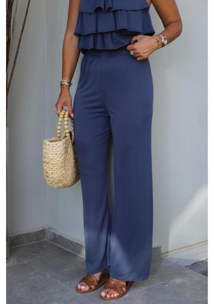 Indigo Fırfırlı Crop Pantolon Takım indirimleri