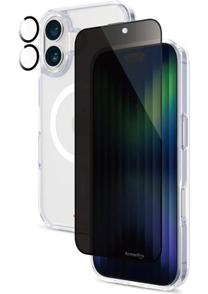 iPhone 16 Magsafe Şeffaf Kılıf + Hayalet Ekran Koruyucu + Kamera Lens Koruyucu (Siyah)