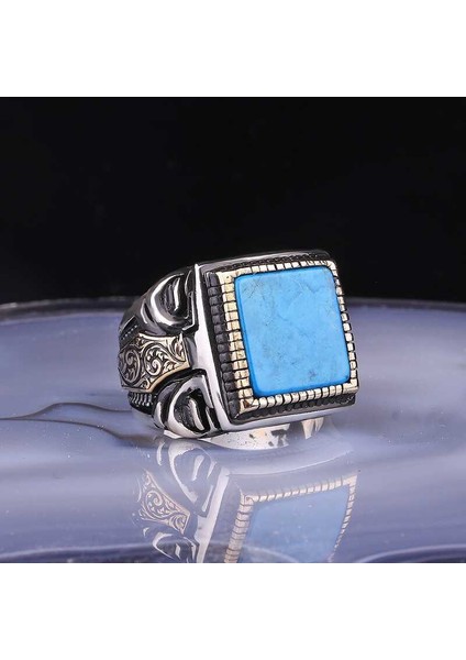 Gümüş Kare Turkuaz Taşlı Erkek Yüzük - 26