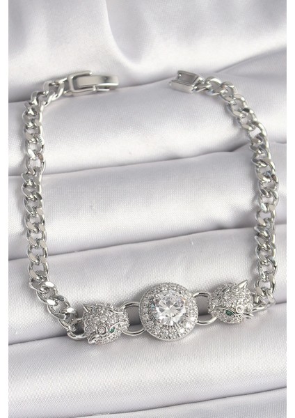 Pirinç Gümüş Renk Zirkon Taşlı Leopar Figür Zincir Model Kadın Bileklik