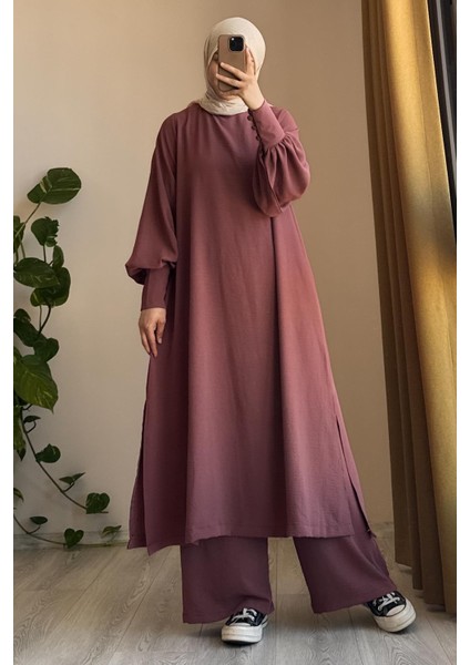 Manşet Detaylı Pantolonlu Takım - Rose