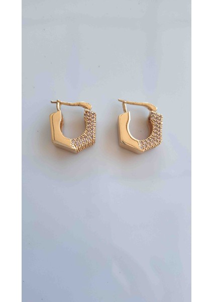 Zirkon Taşlı Küpe Gold Asimetrik