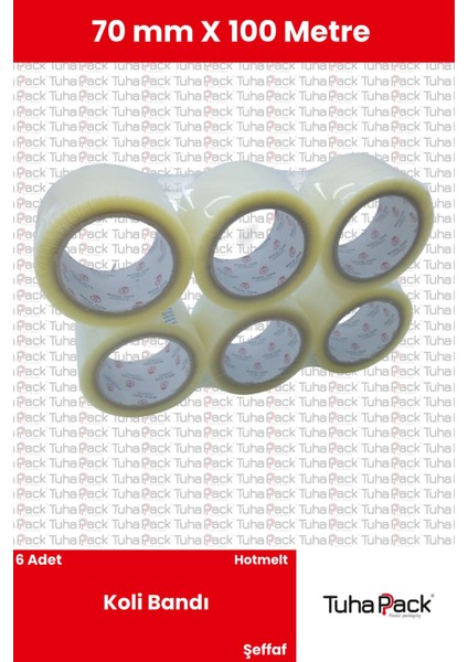 Koli Bandı 70MM x 100M Hotmelt Şeffaf (6 Adet) - Güçlü Yapışkanlı Koli Bandı
