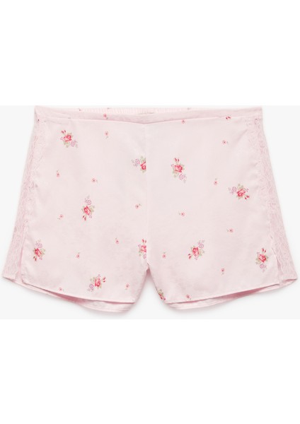 Dantel Detaylı Çiçekli Saten Şort Pijama Altı